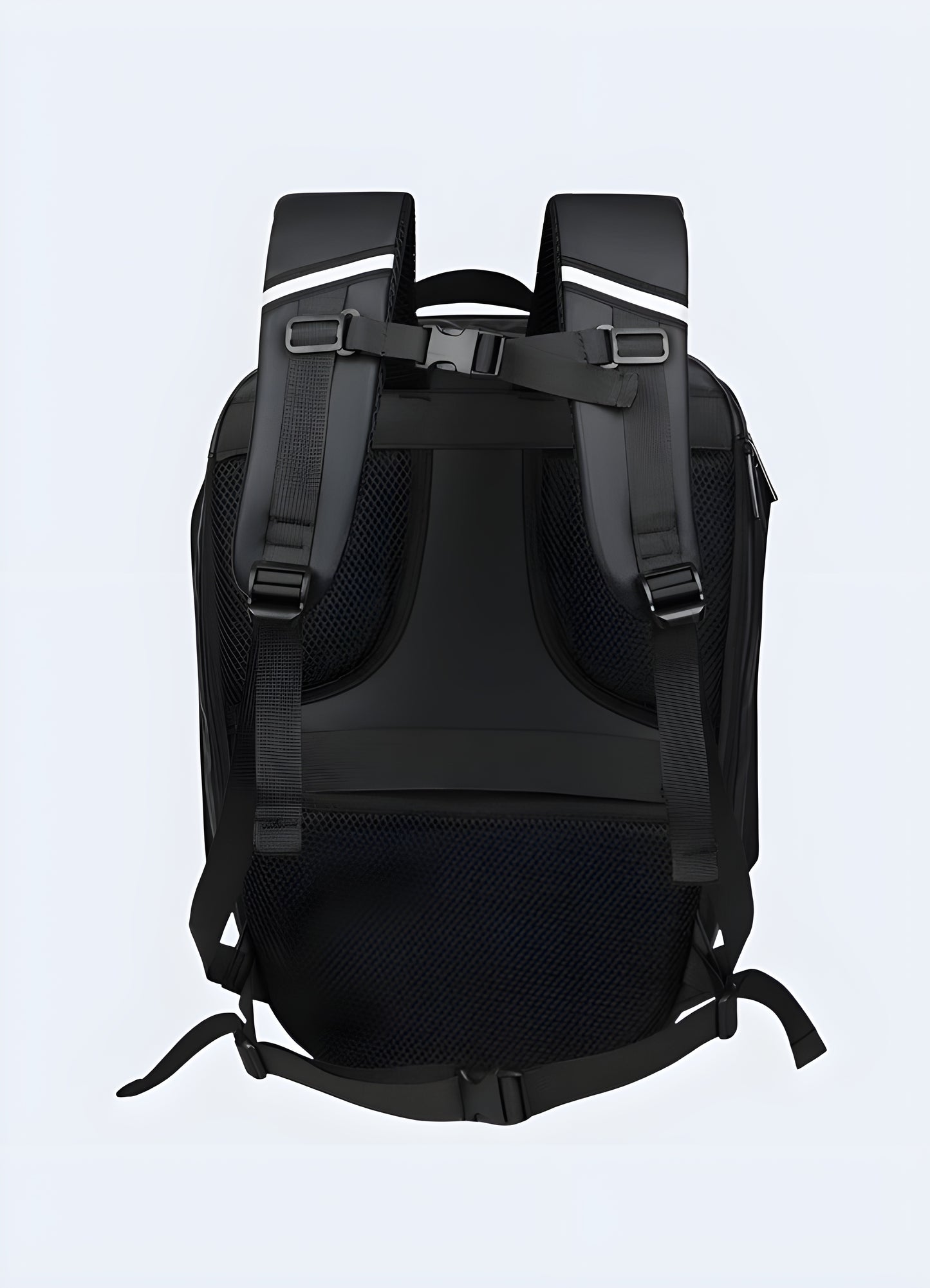 Hardshell anti-theft cyberpunk backpack in carbon finish with integrated LED lights, back view – futuristic urban techwear design.