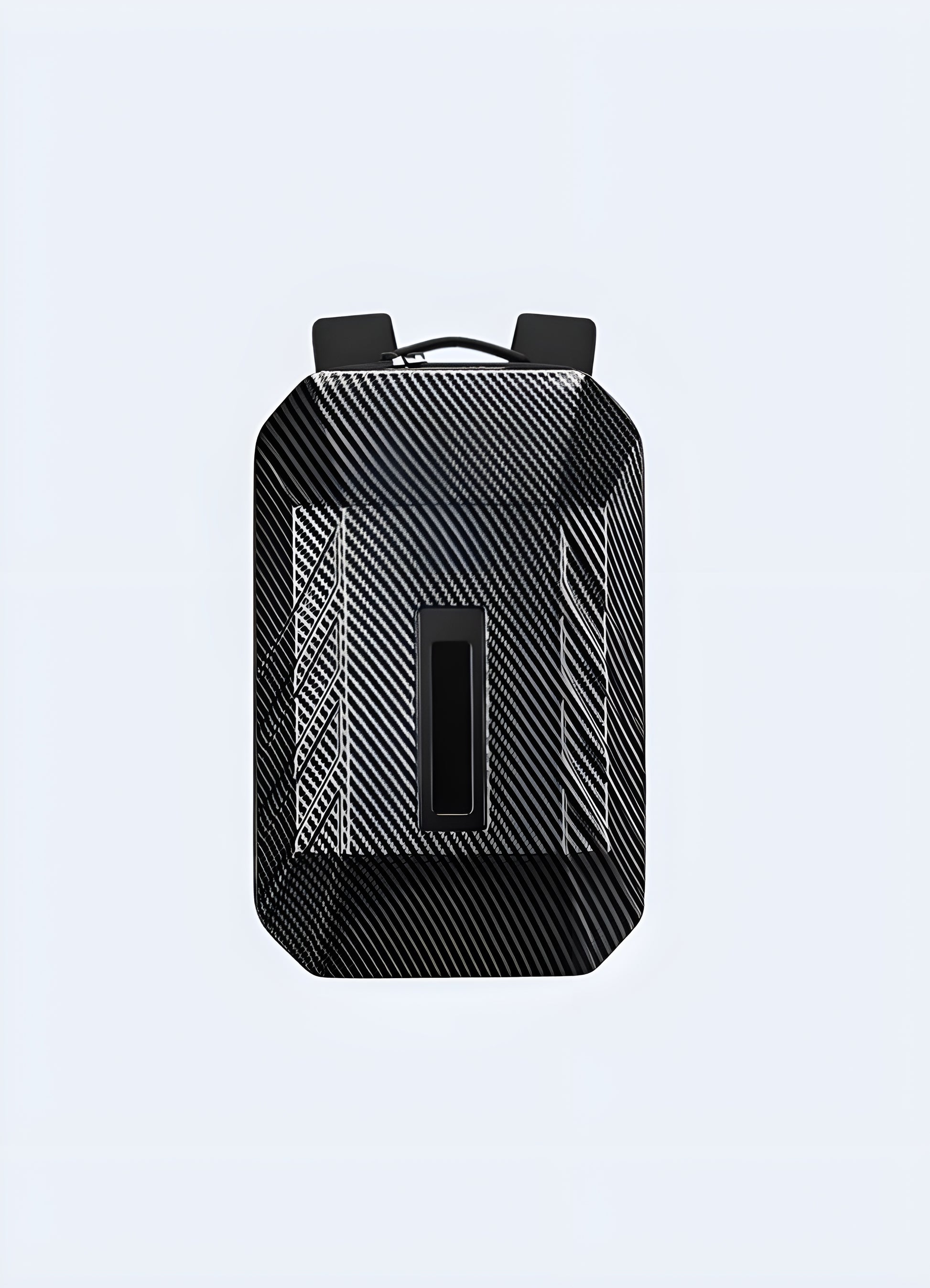 Front view of a carbon-colored hardshell anti-theft backpack with LED lights, showcasing its glowing accents Canada.