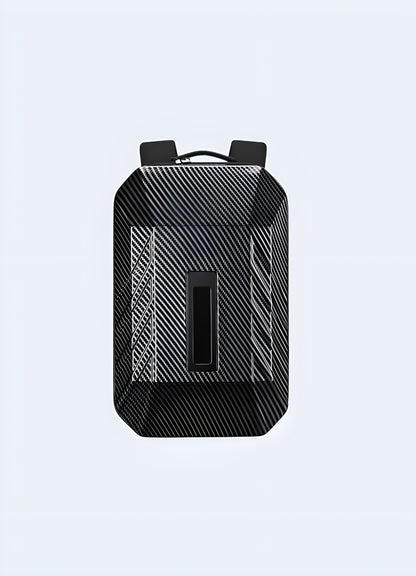 Front view of a carbon-colored hardshell anti-theft backpack with LED lights, showcasing its glowing accents Canada.