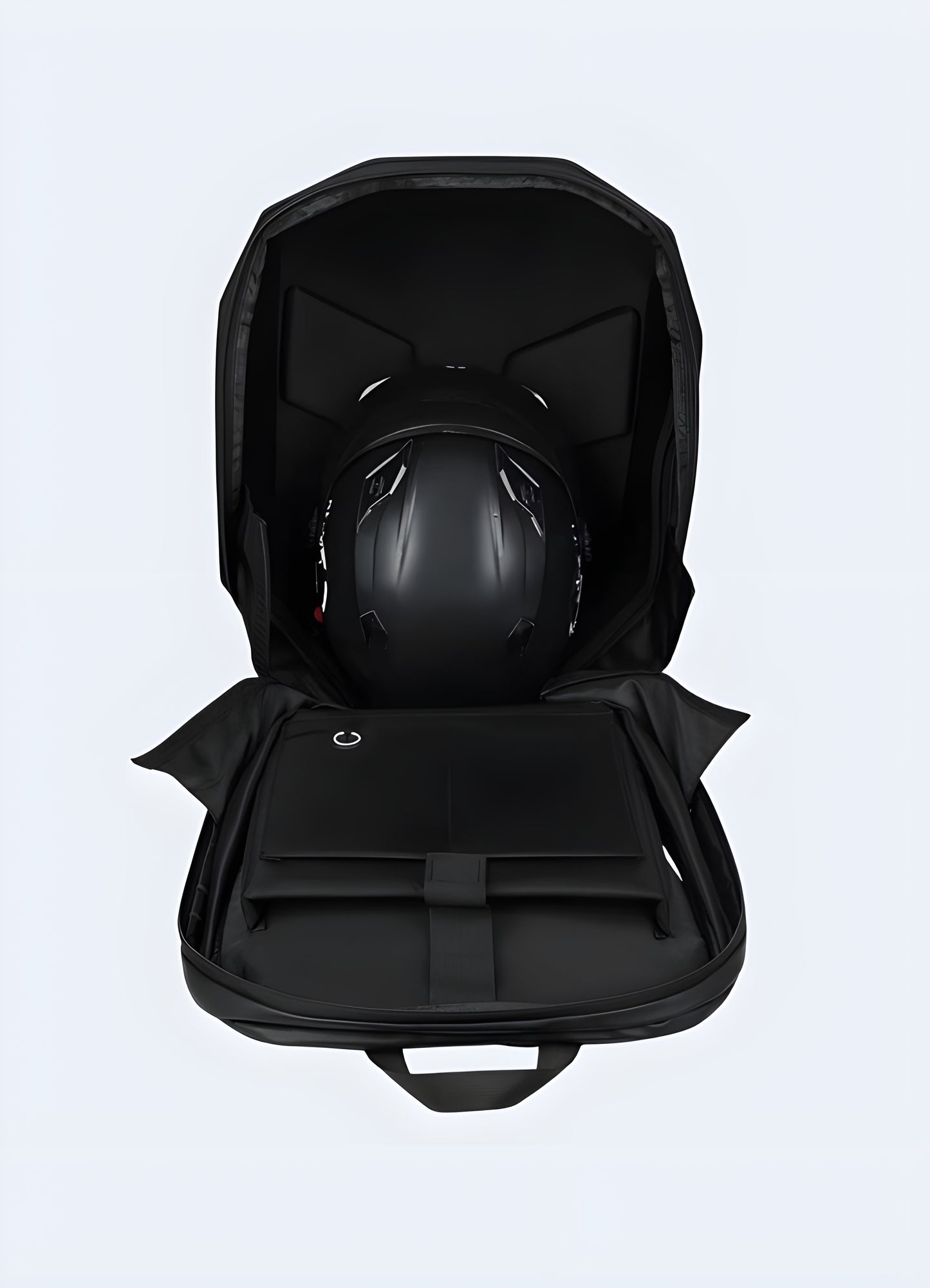 Hardshell anti-theft cyberpunk backpack in carbon finish with integrated LED lights, side view – sleek futuristic techwear style.
