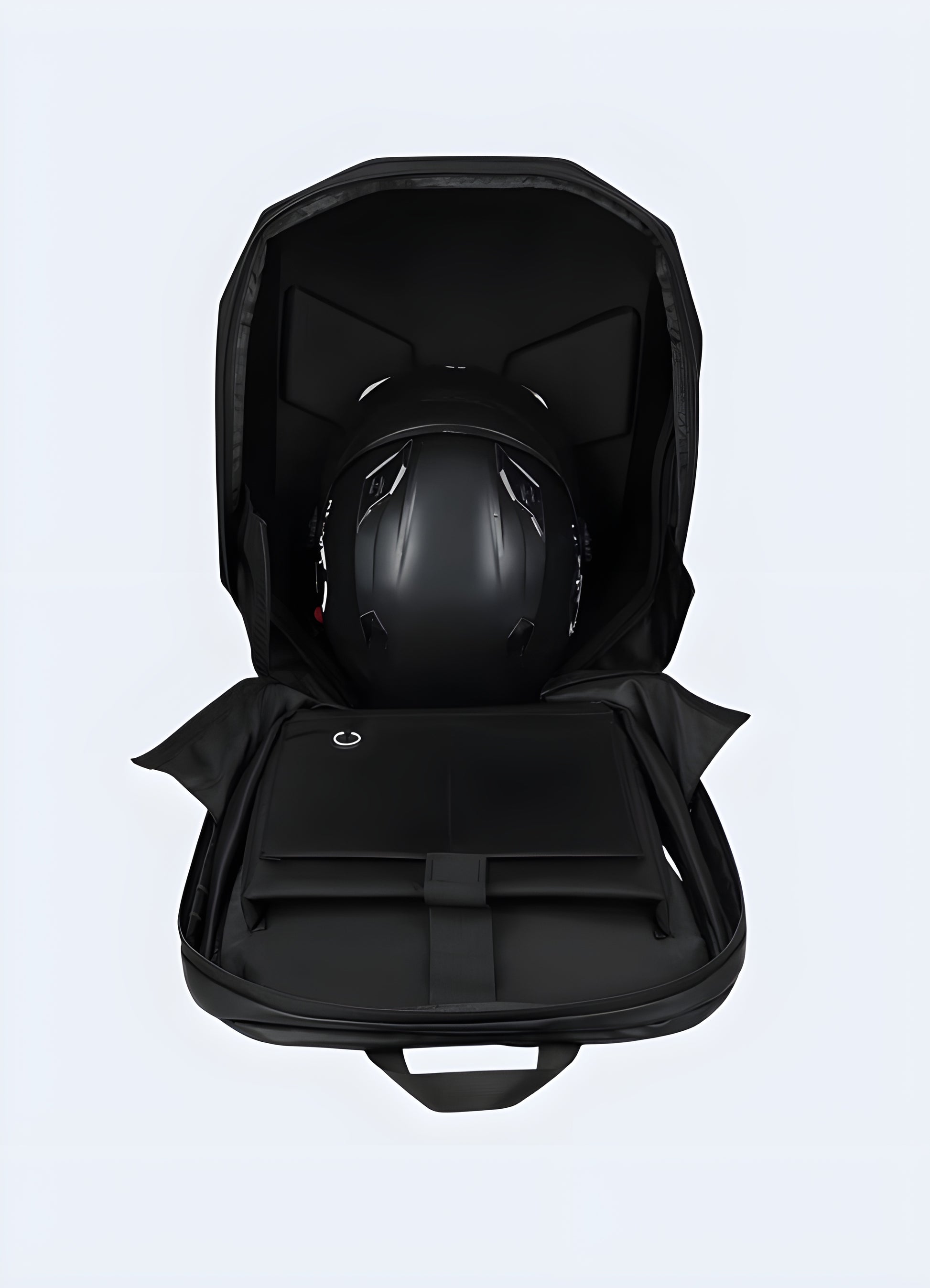 Hardshell anti-theft cyberpunk backpack in carbon finish with integrated LED lights, side view – sleek futuristic techwear style.