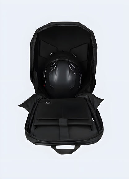 Hardshell anti-theft cyberpunk backpack in carbon finish with integrated LED lights, side view – sleek futuristic techwear style.
