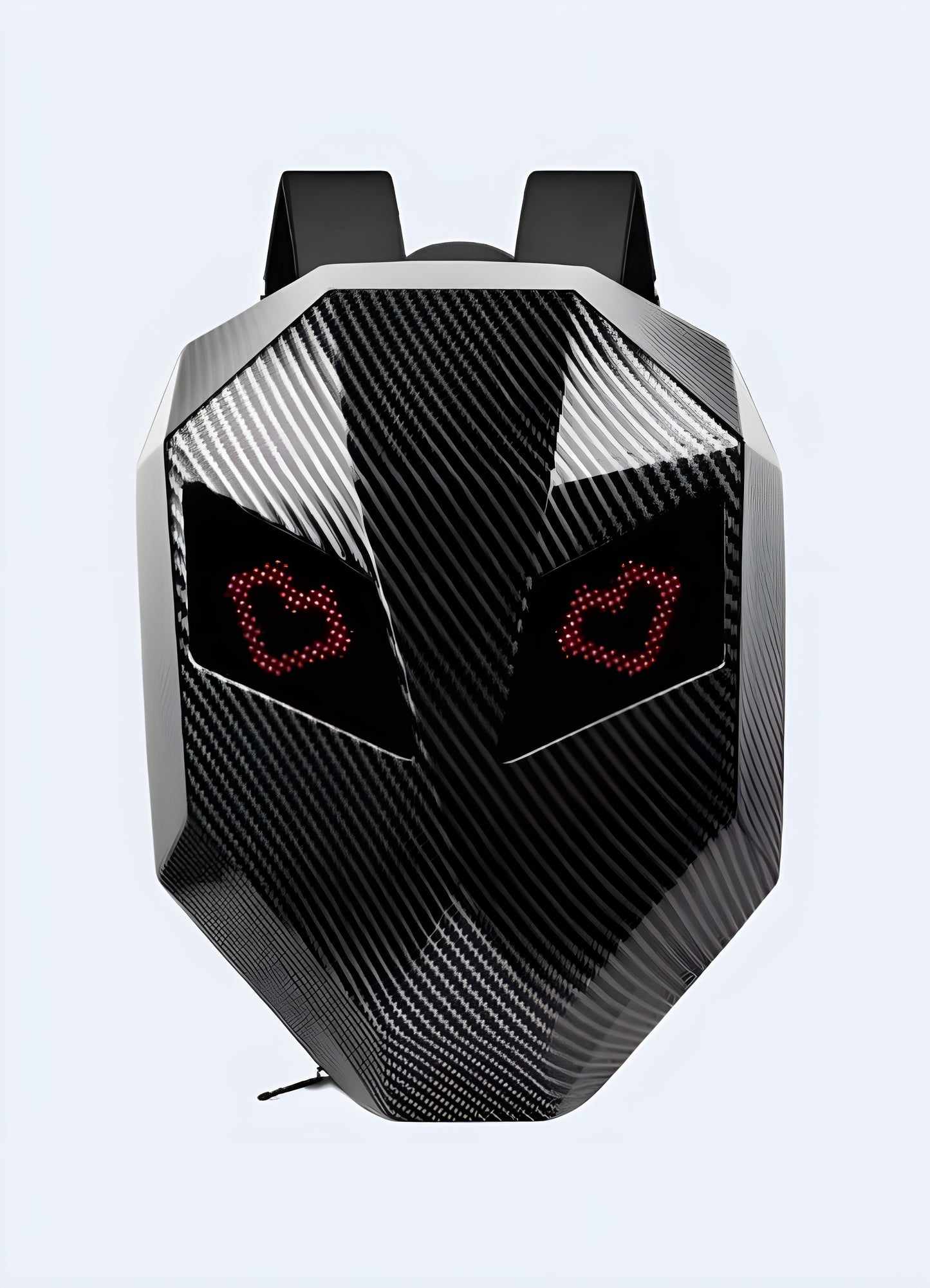 Front view of a carbon-colored hardshell anti-theft backpack with LED lights, showcasing its glowing accents Canada.