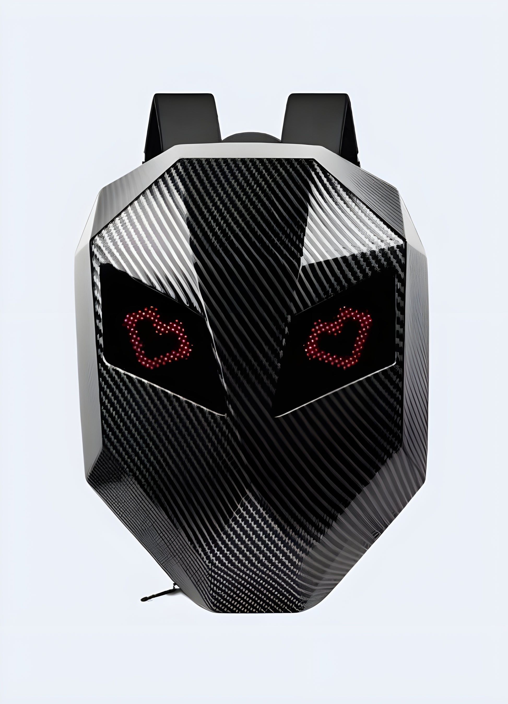 Front view of a carbon-colored hardshell anti-theft backpack with LED lights, showcasing its glowing accents Canada.