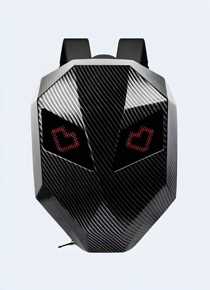 Front view of a carbon-colored hardshell anti-theft backpack with LED lights, showcasing its glowing accents Canada.