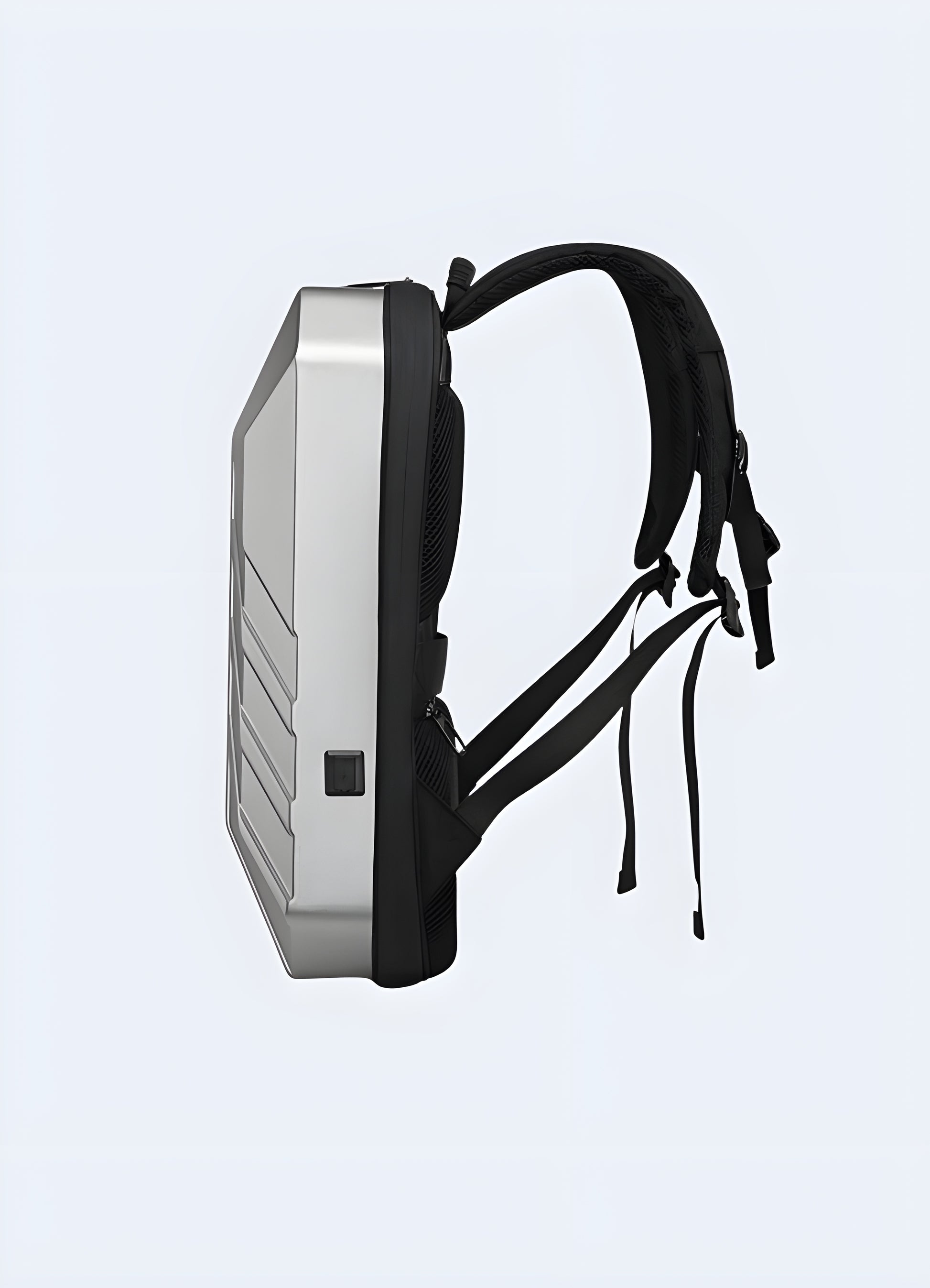 Side view of a hardshell anti-theft backpack with a cyberpunk design, showing its profile and overall shape Canada.