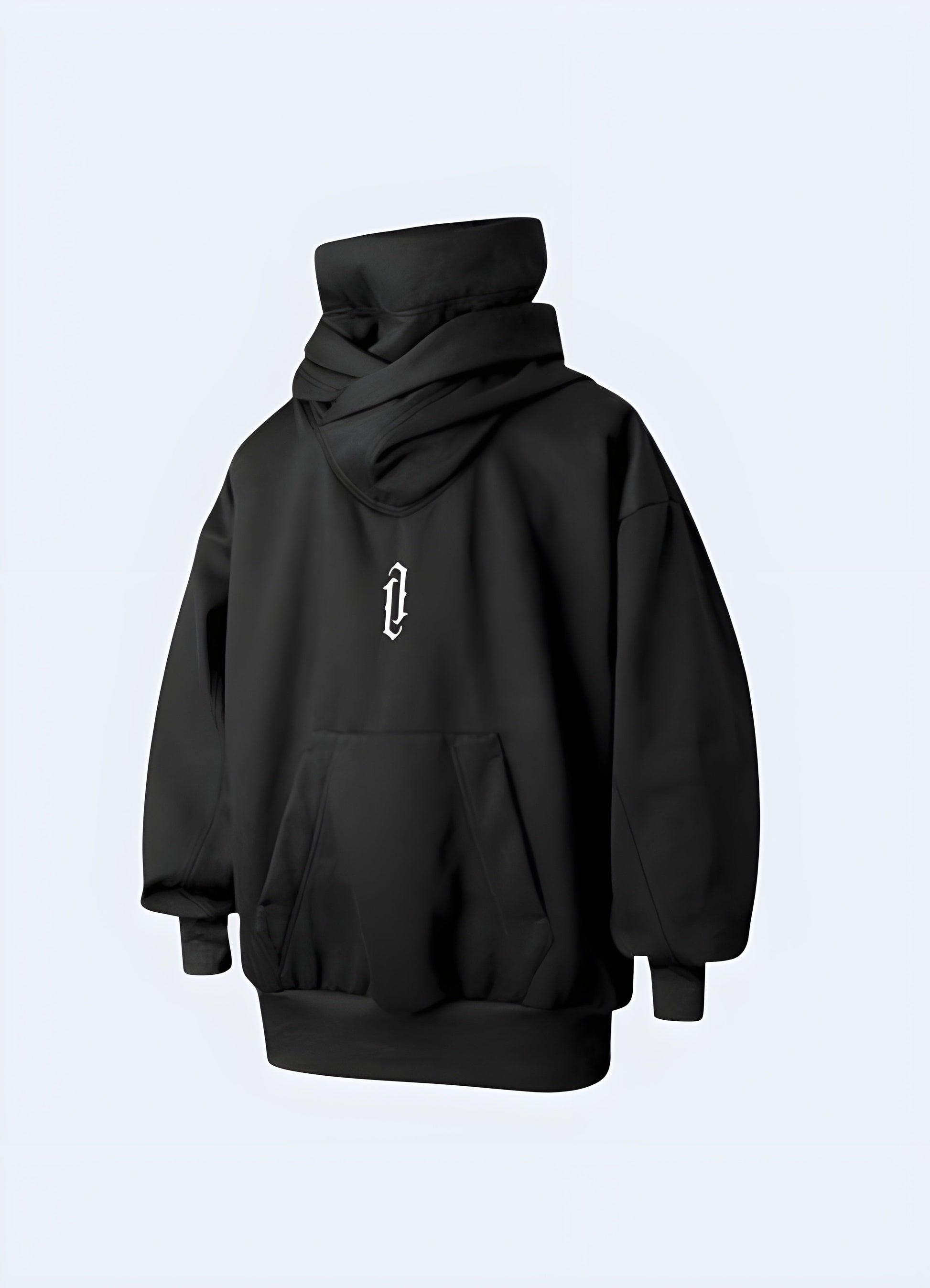 Black high collar hoodie in front view, showcasing its sleek design and modern appeal available in Canada.