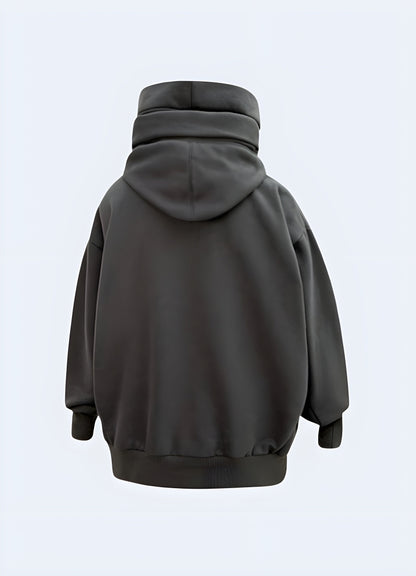 Grey high collar hoodie in back view, emphasizing its unique design and stylish details available in Canada.