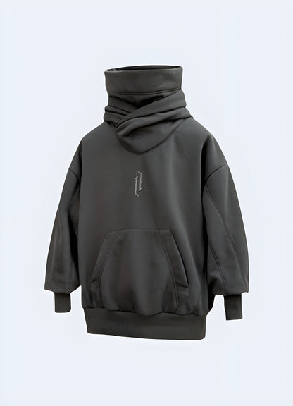 Grey high collar hoodie in front view, highlighting its contemporary style and practical features available in Canada.