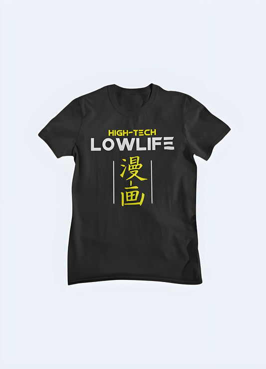 Trendy "High Tech Low Life" shirt inspired by cyberpunk culture, perfect for urban fashion enthusiasts in the canada.