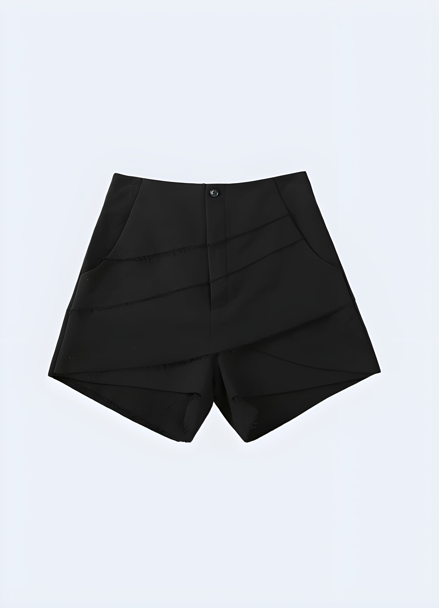 Front view of high waisted layered techwear shorts for women, showcasing a modern design with functional details, ideal for stylish urban fashion in the Canada.