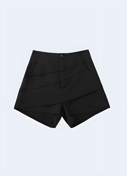 Front view of high waisted layered techwear shorts for women, showcasing a modern design with functional details, ideal for stylish urban fashion in the Canada.