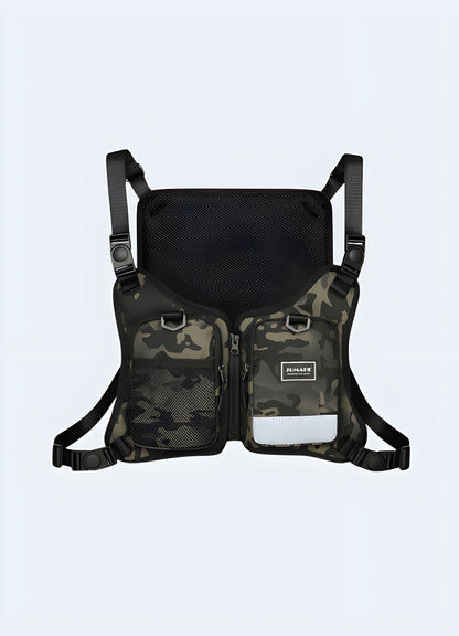 The front view highlights the camo print and the harness's integration into a streetwear style, emphasizing its rugged and fashionable look Canada.