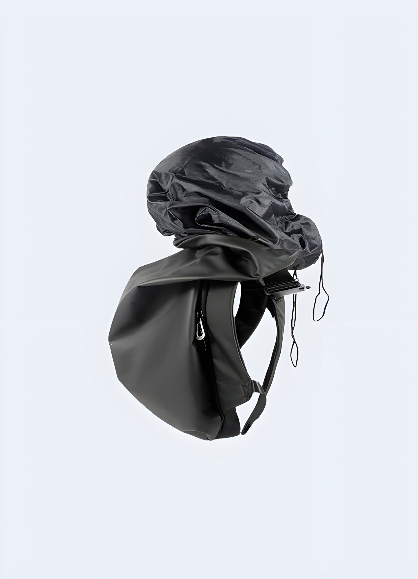 Front-side view of a hooded backpack, featuring a unique hood design that covers the top of the bag and a sleek, modern look Canada.