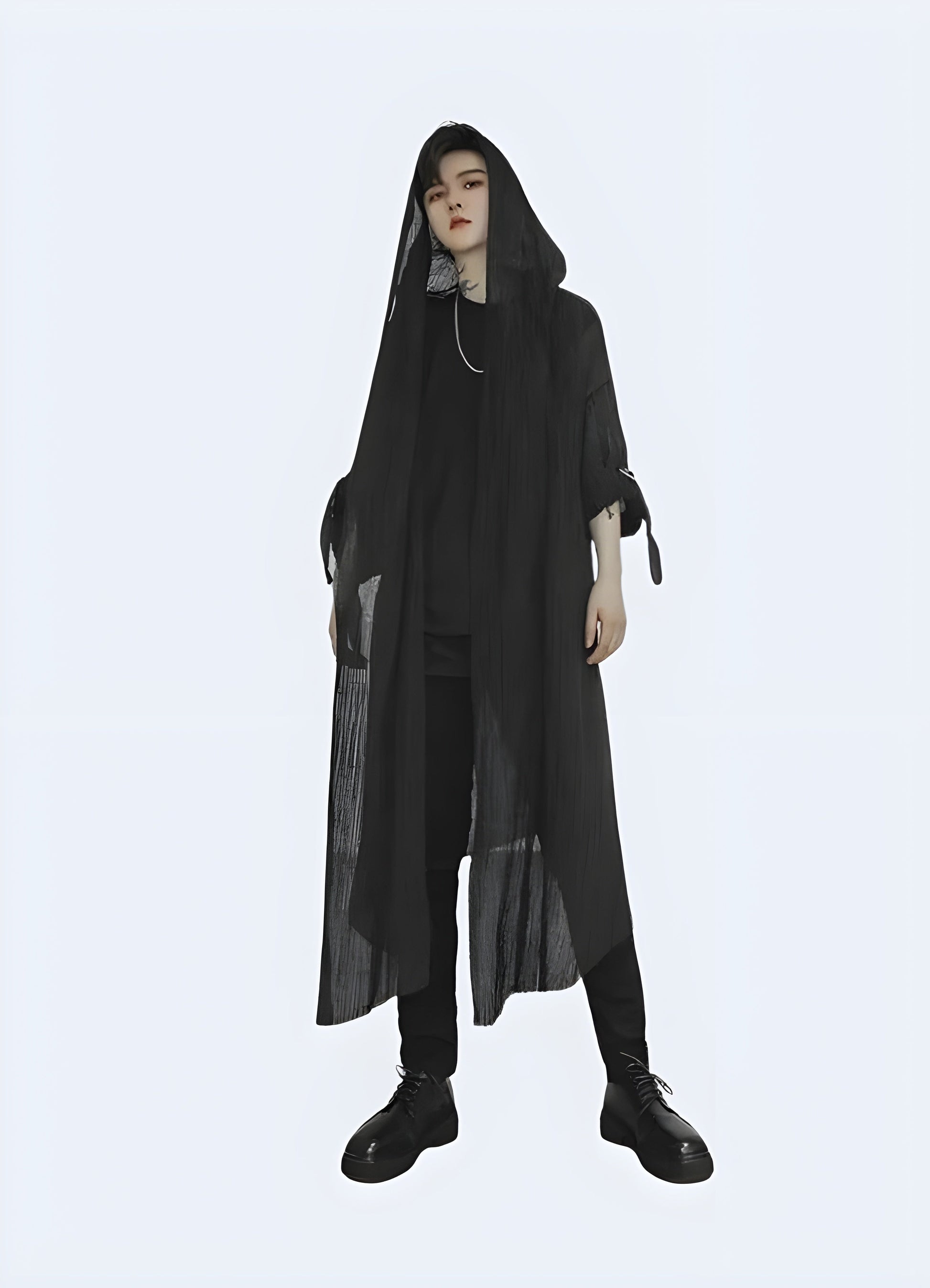 Front view of a trendy hooded streetwear cloak, showcasing its unique design and urban-inspired style, perfect for making a bold fashion statement in the Canada.