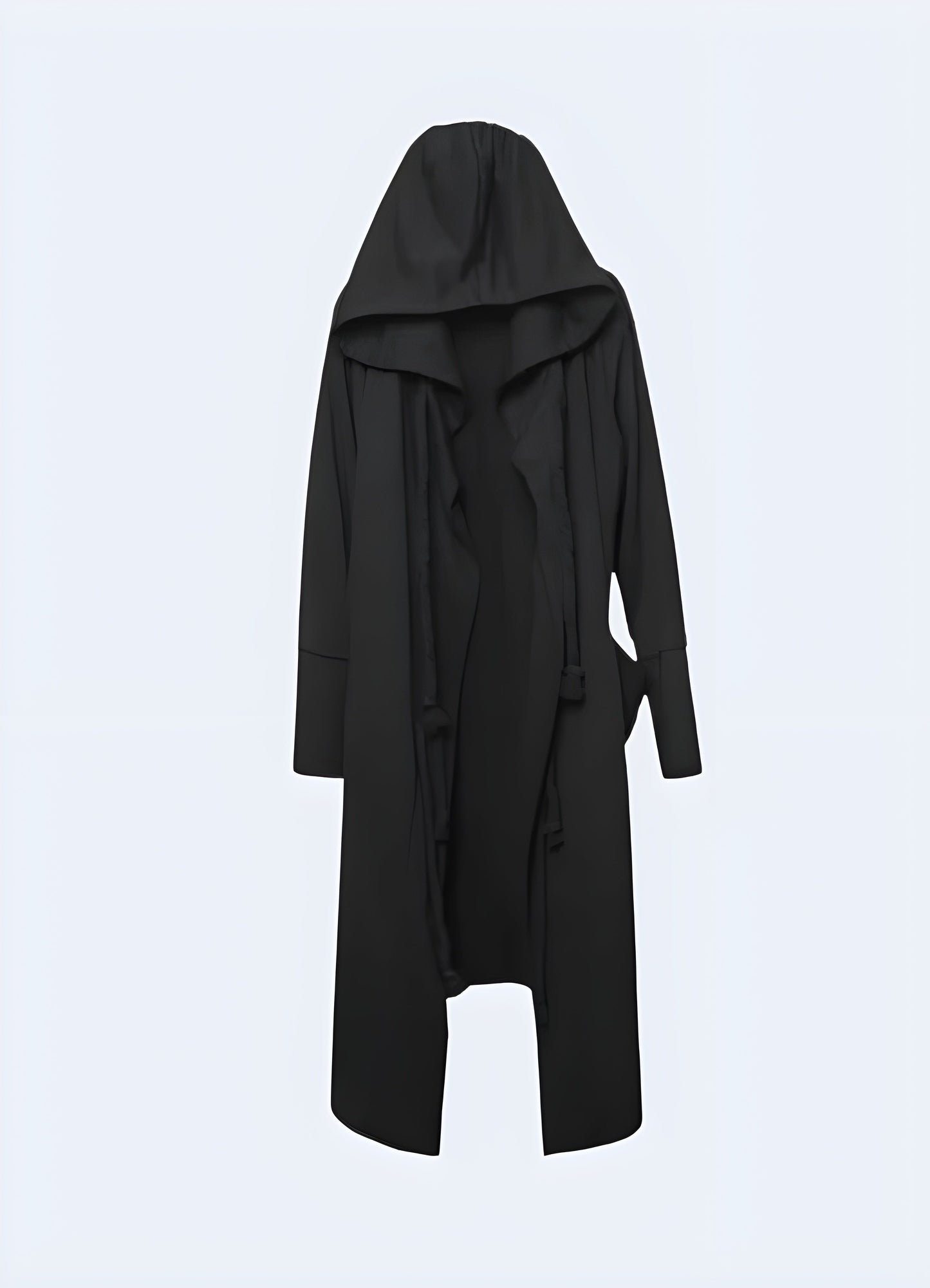 Model presenting the front view of a hooded technical cloak, highlighting its cutting-edge design and versatile style, perfect for tech-savvy fashion enthusiasts in the Canada.