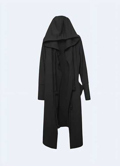 Model presenting the front view of a hooded technical cloak, highlighting its cutting-edge design and versatile style, perfect for tech-savvy fashion enthusiasts in the Canada.