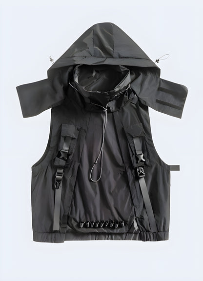 Front side view of a hooded vest jacket showcasing its streamlined silhouette, adjustable hood, and practical pockets, ideal for expressing personal style and adapting to Canada's changing conditions in the city and beyond.