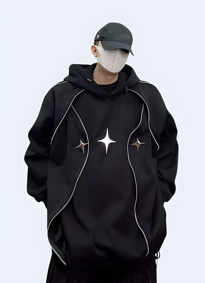 Front view of a black hoodie featuring built-in headphones, perfect for those seeking a seamless blend of fashion and functionality in the Canada.
