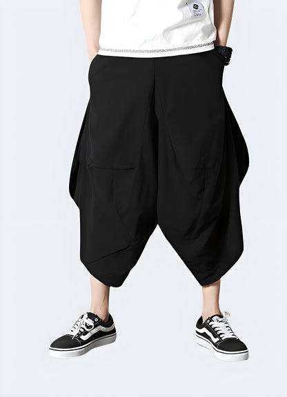 Stylish Japanese harem pants with a loose, comfortable fit and unique design elements, perfect for creating fashionable and relaxed outfits in Canada.