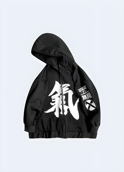 Black Japanese kanji hoodie with a striking front design, ideal for individuals looking to add an edgy and distinctive element to their wardrobe in the Canada.