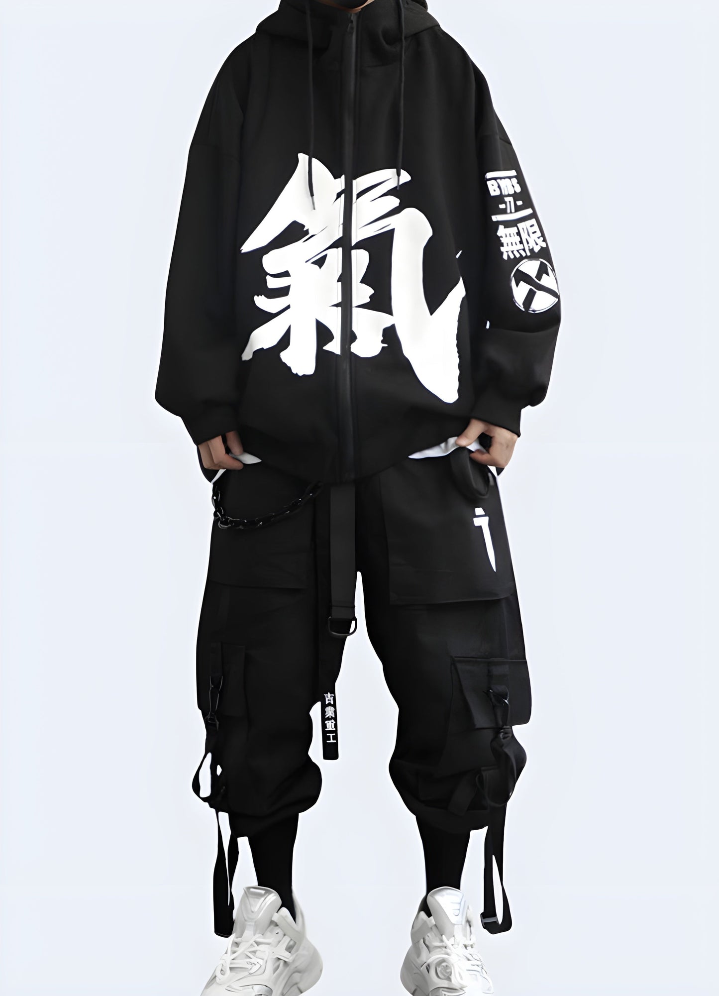 A stylish hoodie featuring Japanese kanji characters, offering a unique and trendy look for fashion enthusiasts Canada.