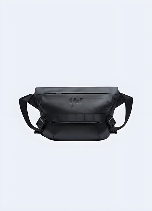 Front view of a model wearing a Japanese-style sling bag. The bag features a sleek, minimalist design with clean lines and subtle,Canada modern details.