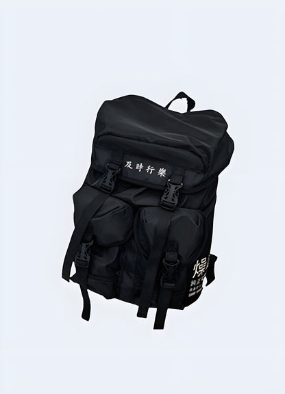 Front view of a black Japanese streetwear backpack featuring minimalist design and premium materials Canada.