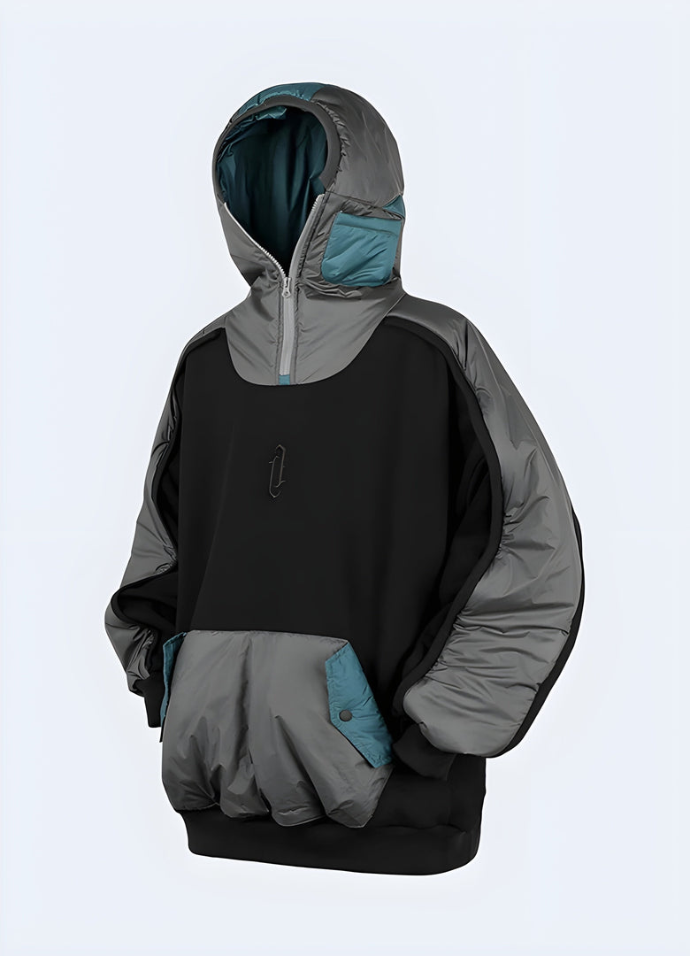 Japanese streetwear hoodie in black, front and side view, available in Canada, highlighting its sleek design and unique features.