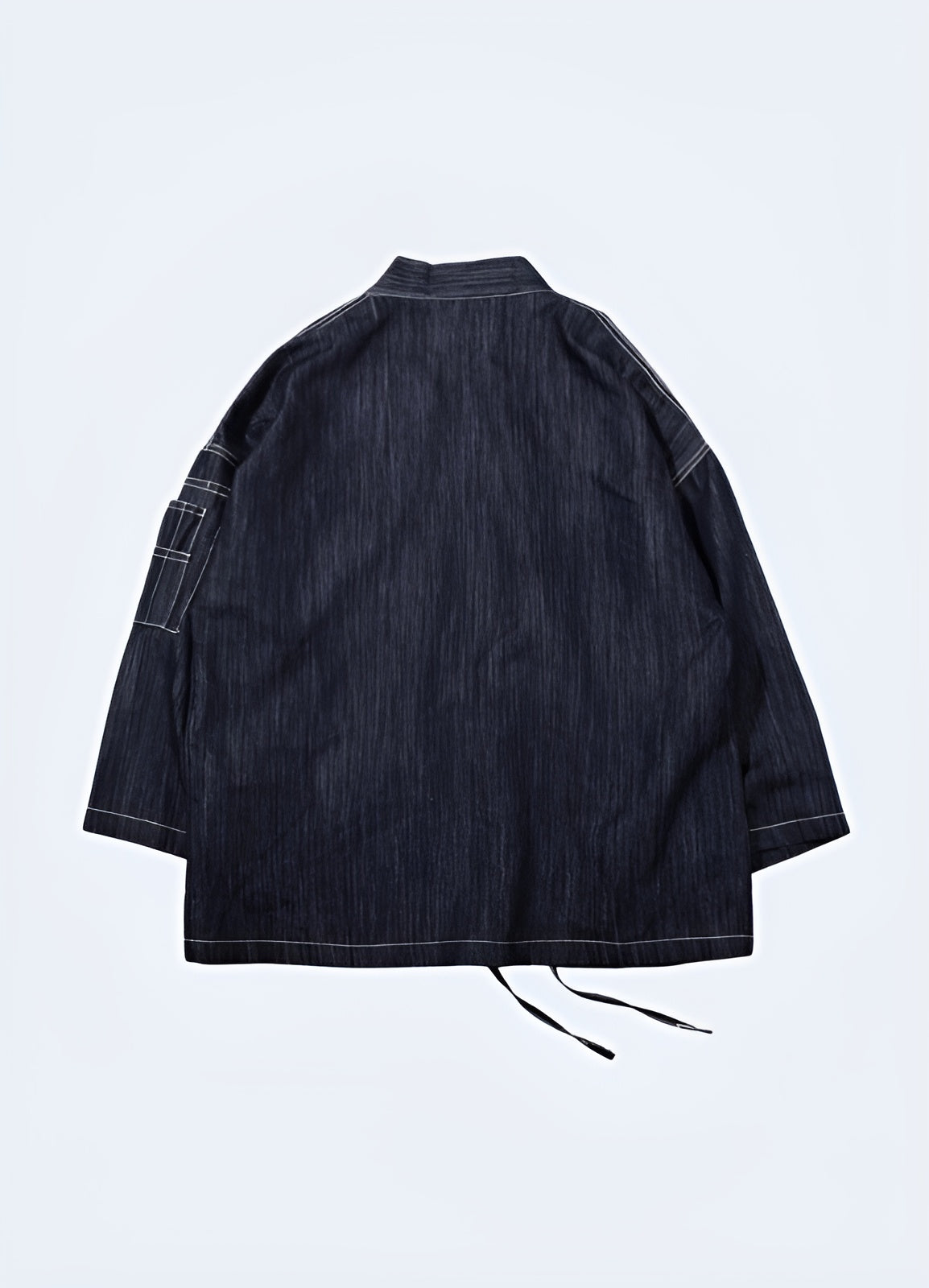 Japanese streetwear jeans blazer, back view, designed for fashion-forward individuals in Canadian urban settings.