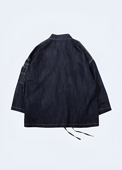 Japanese streetwear jeans blazer, back view, designed for fashion-forward individuals in Canadian urban settings.