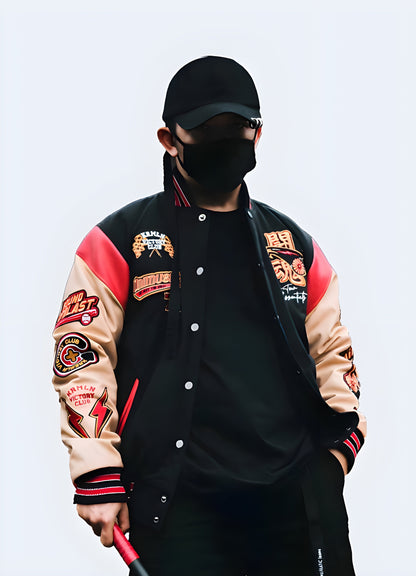 Japanese-style bomber jacket with a unique, Eastern-inspired design and advanced features, crafted for making a fashion statement while navigating Canada's urban landscapes in style and comfort.