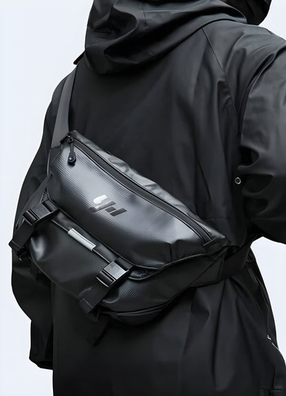 Front view of a Japanese techwear crossbody bag being worn, from the Canada, highlighting its stylish and practical design.