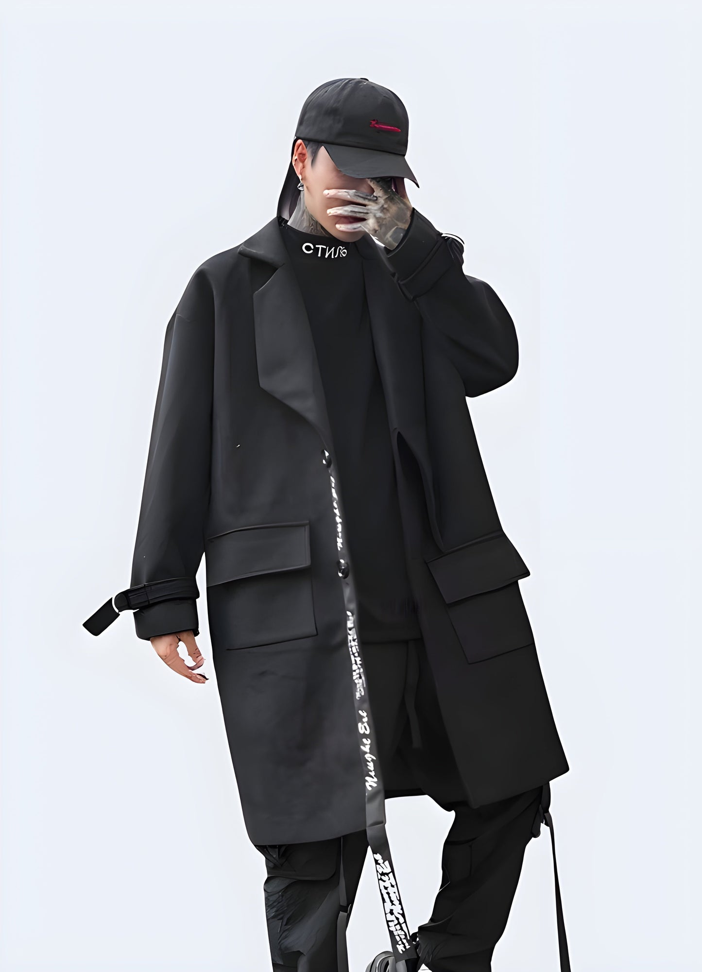 Japanese-style trench coat with a unique, Eastern-inspired design and advanced features, crafted for making a fashion statement while navigating Canada's urban landscapes in style and comfort.