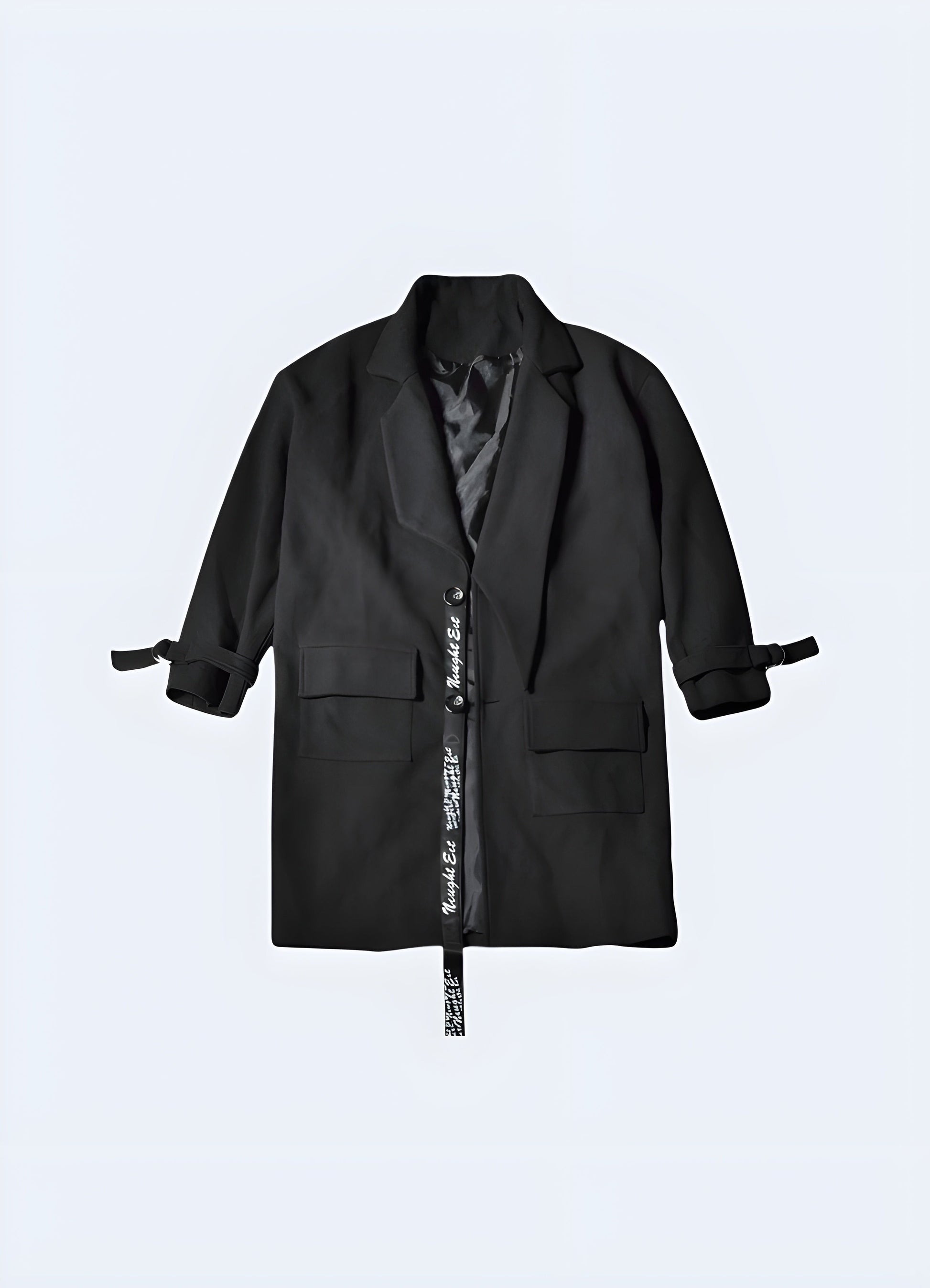 Front view of a Japanese trench coat showcasing its distinctive design elements, sleek silhouette, and durable construction, perfect for expressing a one-of-a-kind fashion sense in Canada's dynamic city environments.