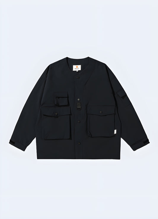 Japanese-style work coat with a unique, Eastern-inspired design and functional features, perfect for making a fashion statement while tackling everyday tasks and urban exploration in Canada.