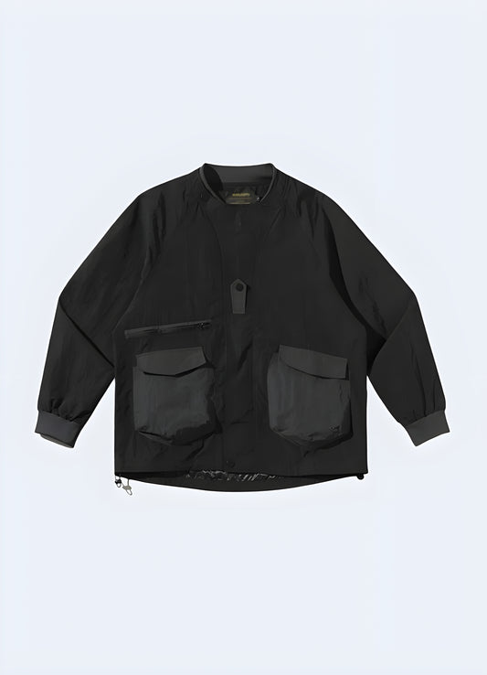 Japanese-style work coat with a unique, Eastern-inspired design and functional features, perfect for making a fashion statement while tackling everyday tasks and urban exploration in Canada.