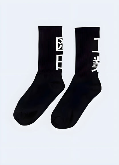 Black socks featuring bold kanji characters, perfect for expressing your love for Japanese culture in the Canada.