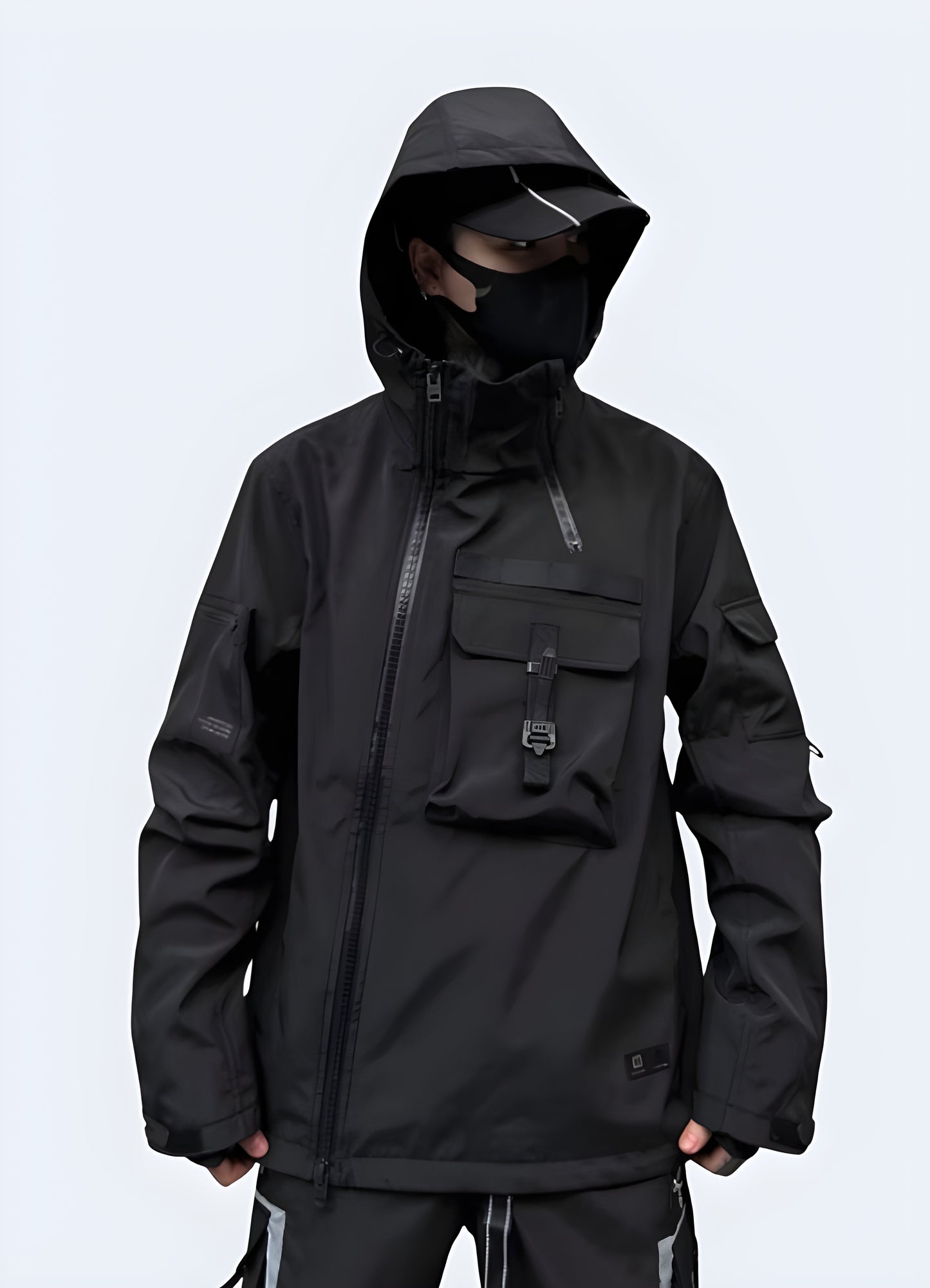 Front view of a black kanji windbreaker showcasing its distinctive kanji characters, sleek silhouette, and versatile style, ideal for expressing a one-of-a-kind fashion sense while navigating Canada's city streets.