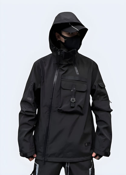 Front view of a black kanji windbreaker showcasing its distinctive kanji characters, sleek silhouette, and versatile style, ideal for expressing a one-of-a-kind fashion sense while navigating Canada's city streets.