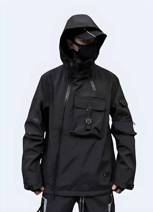 Front view of a black kanji windbreaker showcasing its distinctive kanji characters, sleek silhouette, and versatile style, ideal for expressing a one-of-a-kind fashion sense while navigating Canada's city streets.
