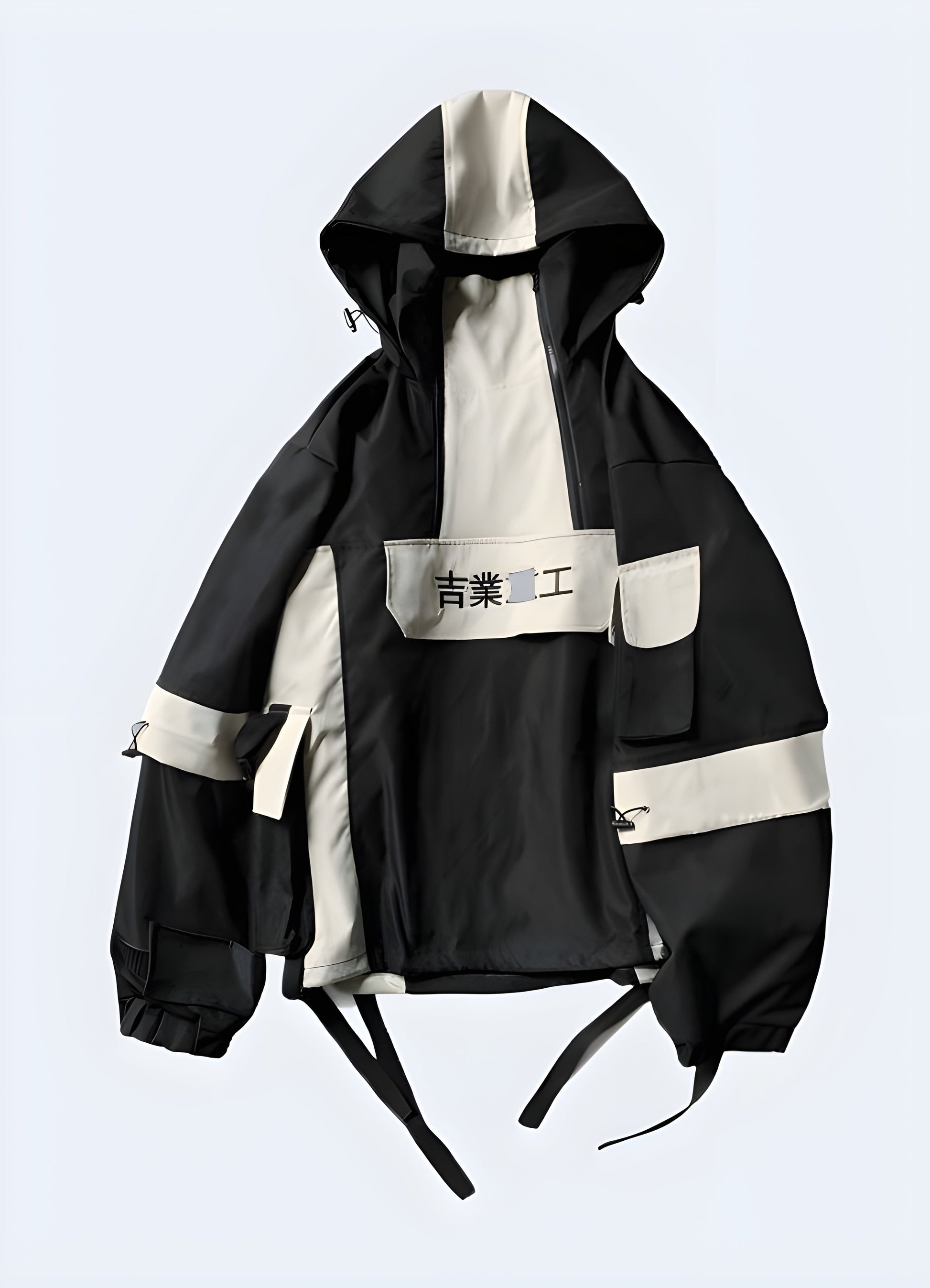 Front view of a black kanji windbreaker showcasing its distinctive kanji characters, sleek silhouette, and versatile style, ideal for expressing a one-of-a-kind fashion sense while navigating Canada's city streets.