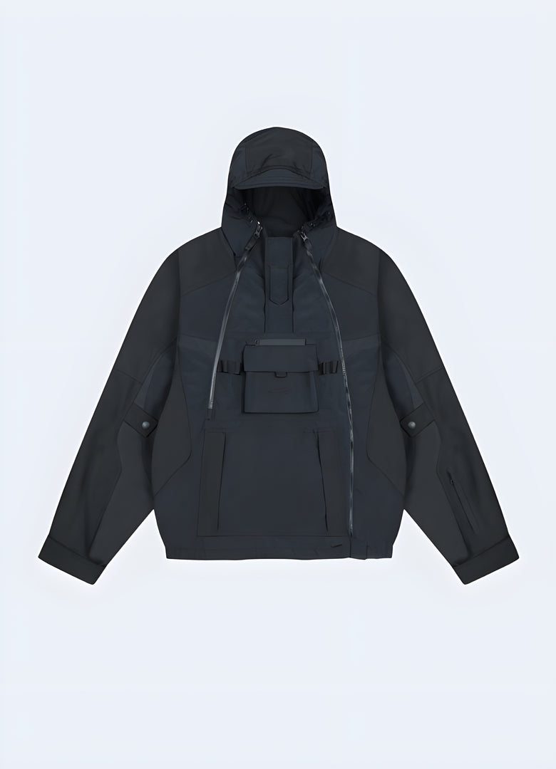 Front view of a black kanji windbreaker showcasing its distinctive kanji characters, sleek silhouette, and versatile style, ideal for expressing a one-of-a-kind fashion sense while navigating Canada's city streets.