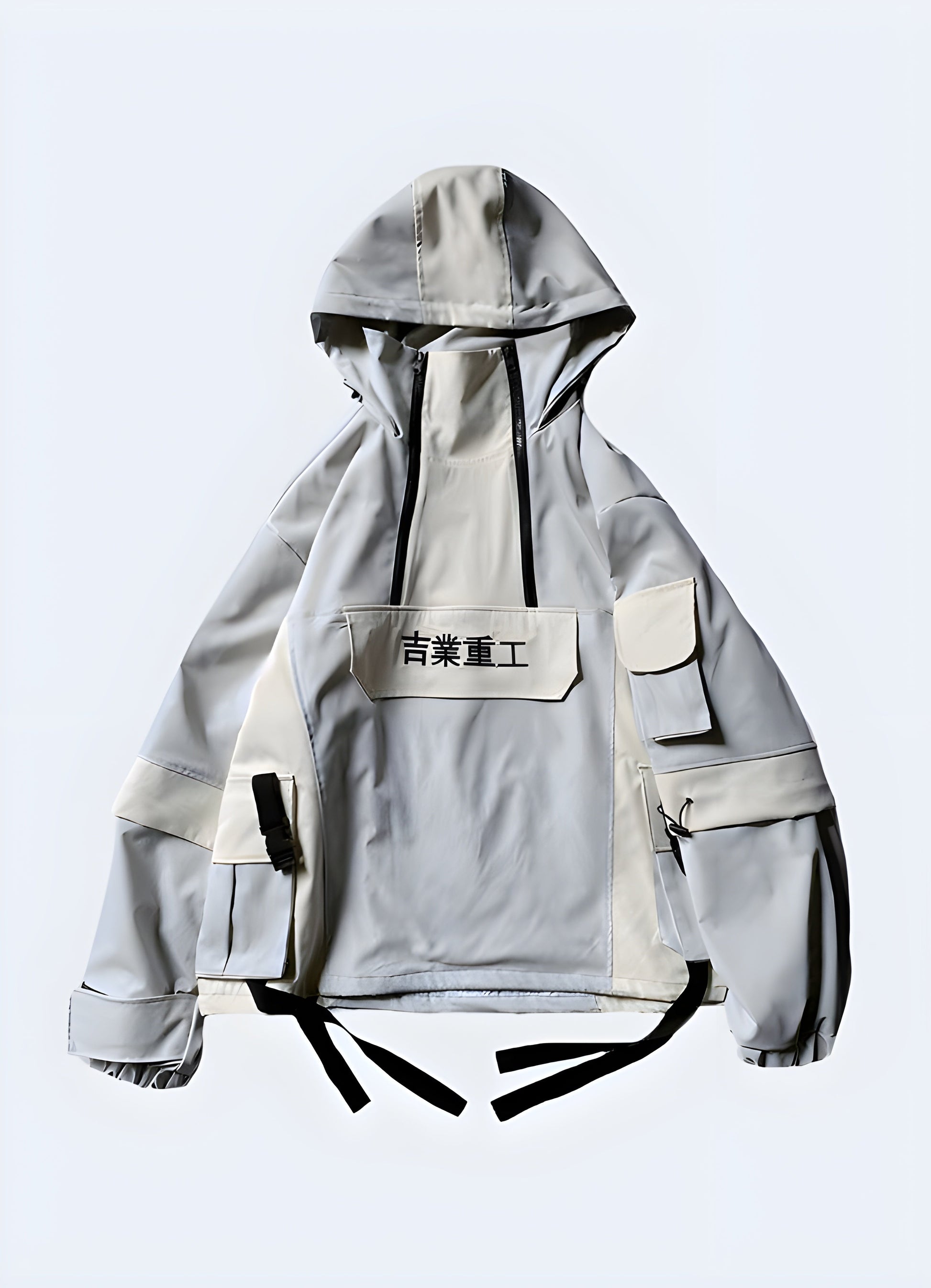 Front view of a navy kanji windbreaker showcasing its bold kanji characters, streamlined design, and practical features, ideal for expressing a unique fashion sense while staying protected from the wind and rain in Canada's city landscapes.