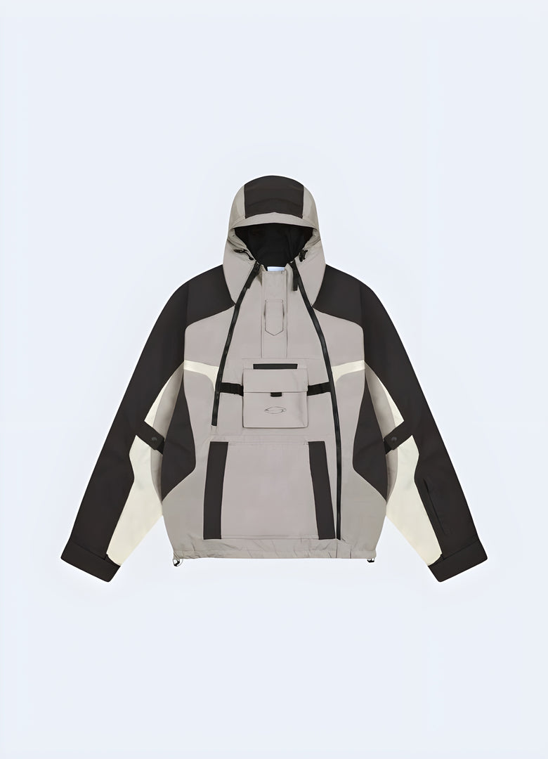 Front view of a navy kanji windbreaker showcasing its bold kanji characters, streamlined design, and practical features, ideal for expressing a unique fashion sense while staying protected from the wind and rain in Canada's city landscapes.