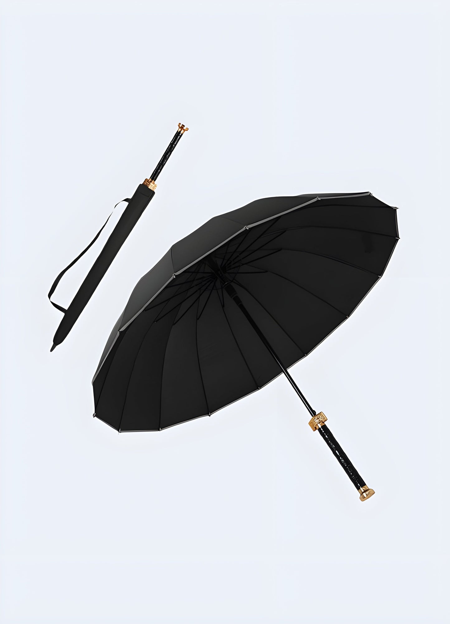 Katana sword style umbrella with 16 ribs providing extra wind resistance, available in the Canada.