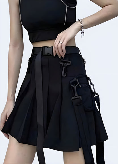 Front view of a korean tactical techwear skirt, highlighting the sleek design, advanced materials, and functional features, ideal for those embracing the fusion of style and technology in their wardrobe.