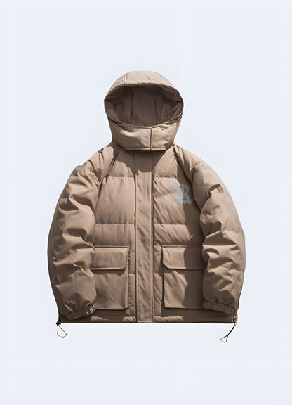 Beige Korean techwear jacket with a futuristic design and advanced functional features, crafted for urban exploration and everyday wear in Canada's varied climates.