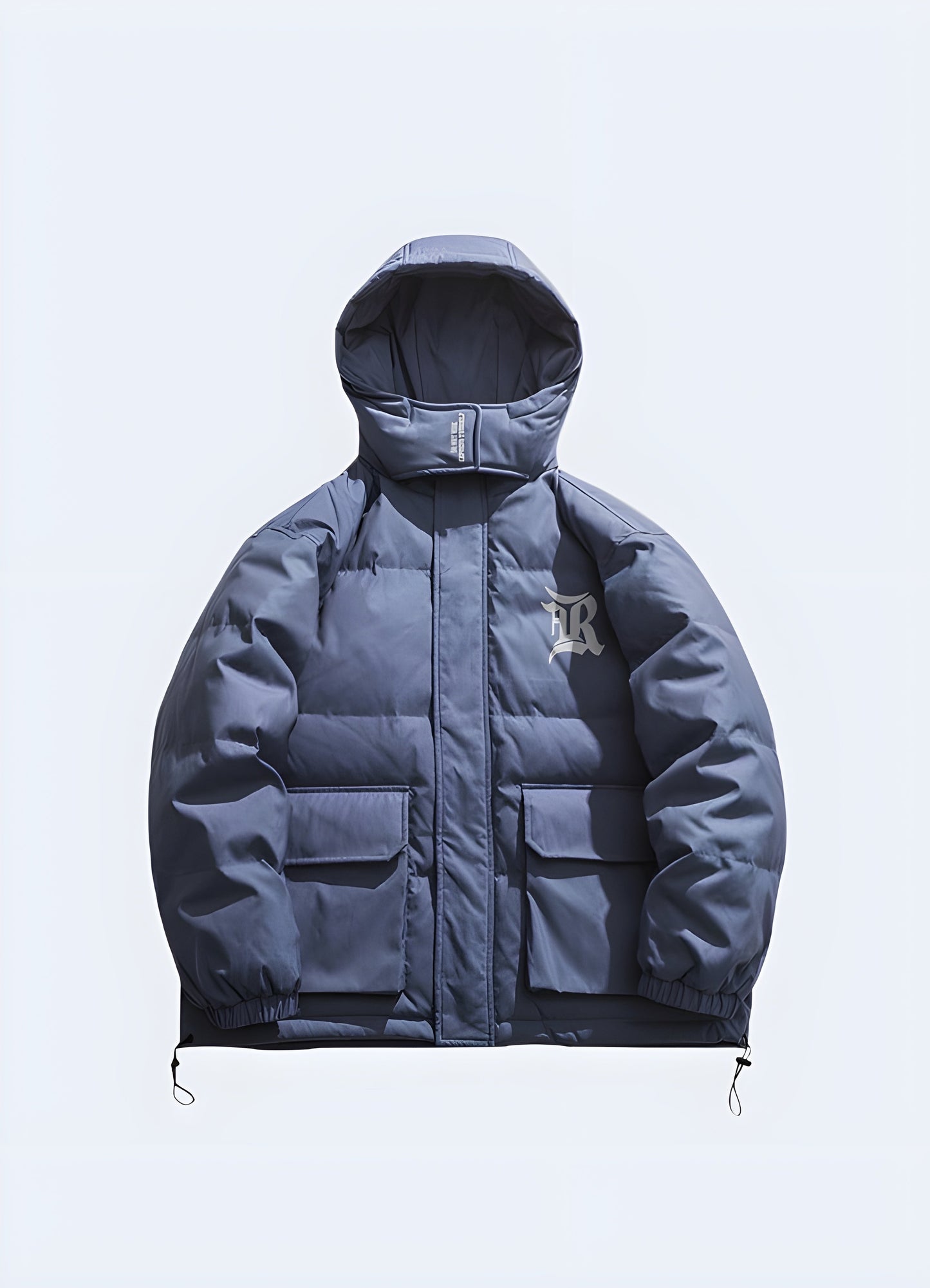 Front view of a blue Korean techwear jacket highlighting its modern silhouette, functional utility pockets, and durable materials, engineered for both style and performance in Canada's urban settings.