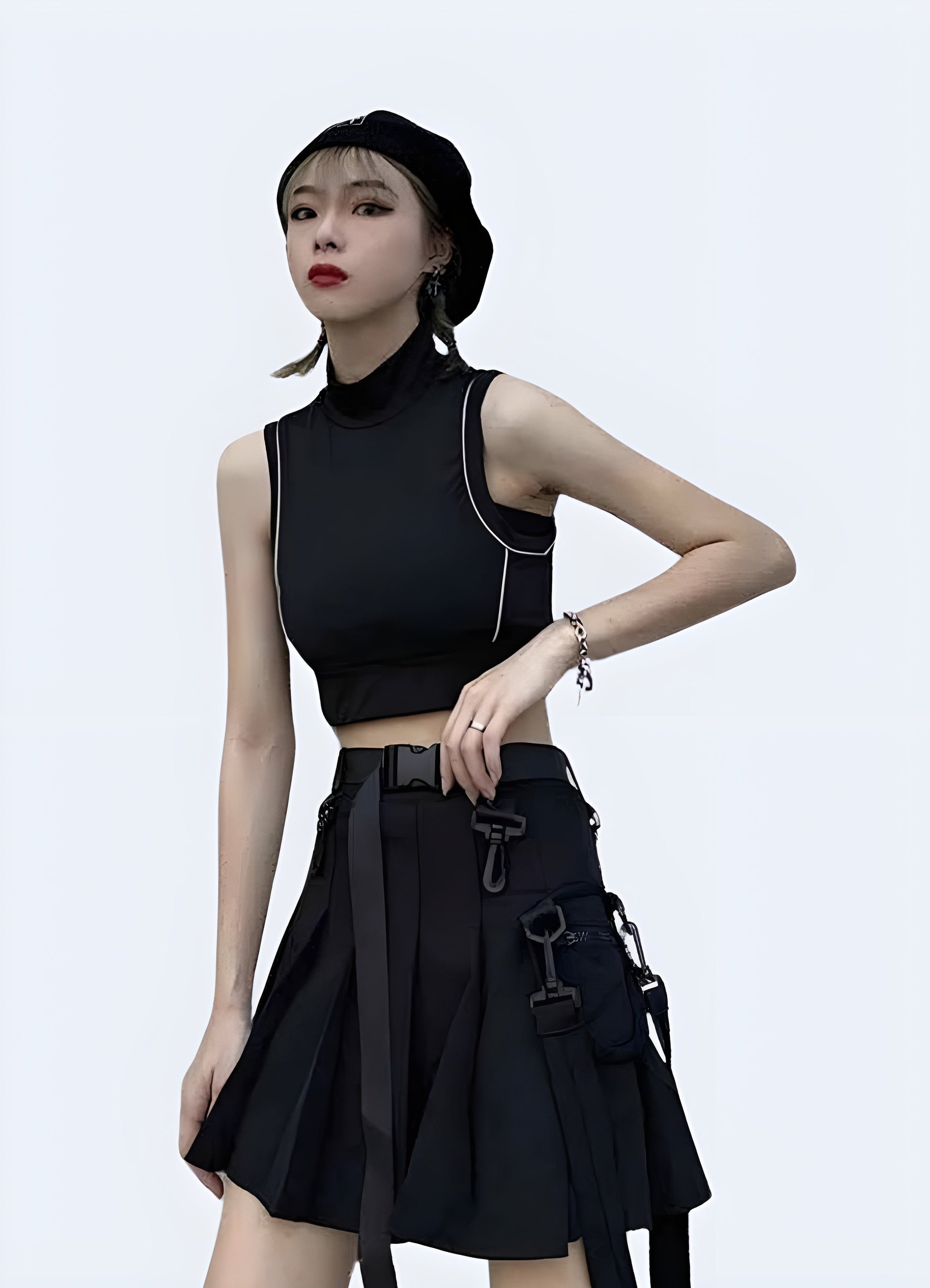 Front view of a korean techwear skirt, highlighting the sleek design, advanced materials, and functional features, ideal for those embracing the fusion of style and technology in their wardrobe.